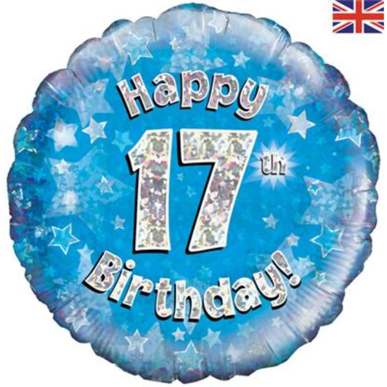18" 17th Birthday Blue Holographic Foil Balloon