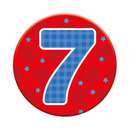 Six small Tiger Feet birthday badges featuring the number 7 for age celebrations, with colorful designs.