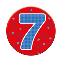 Six small Tiger Feet birthday badges featuring the number 7 for age celebrations, with colorful designs.