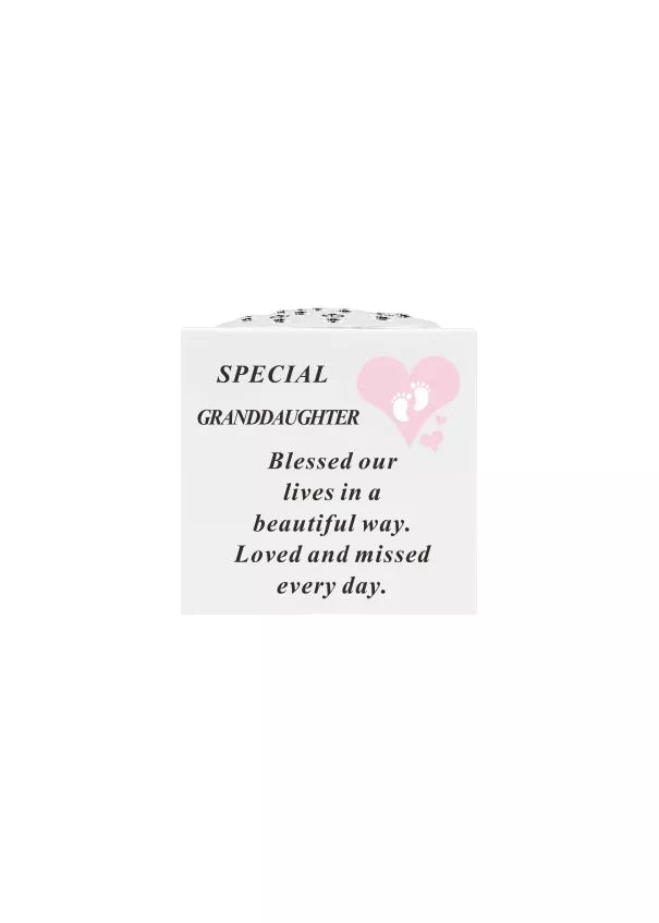 Baby Footprints granddaughter keepsake by David Fischoff, 14x14x15cm ceramic souvenir with engraved granddaughter footprint design.