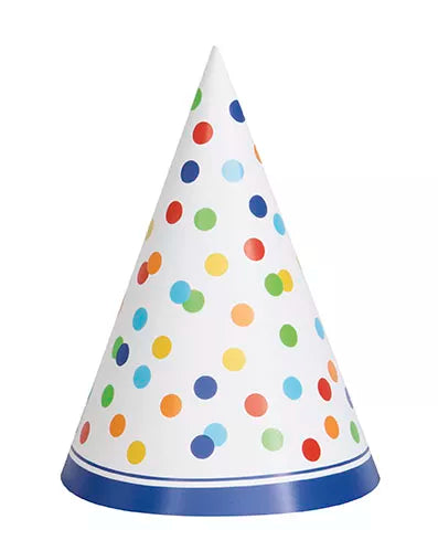 Unique Party Hats Rainbow Polka Dots 8pk