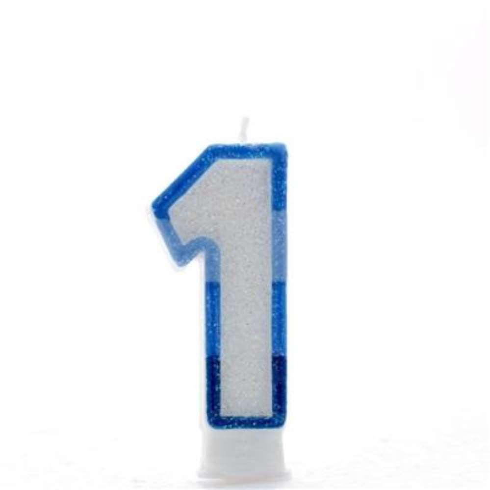 Blue glitter number 1 party candle by APAC, perfect for celebrations and birthday cakes.