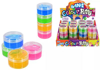 Colorful Kandy Toys stacking glitter putty in various shades, showcasing its shiny, textured, and malleable toy features.