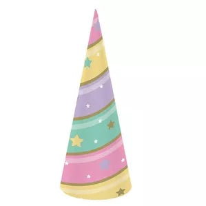 Set of eight unicorn horn striped party hats from Special Products, colorful and festive party accessories for celebrations.