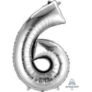 Silver Anagram foil balloon shaped as the number 6, 34 inches tall, perfect for celebrations and party decorations.