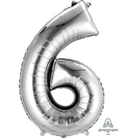 Silver Anagram foil balloon shaped as the number 6, 34 inches tall, perfect for celebrations and party decorations.