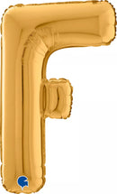 Gold Grabo foil balloon in the shape of the letter F, 26 inches tall, shiny metallic finish perfect for celebrations.