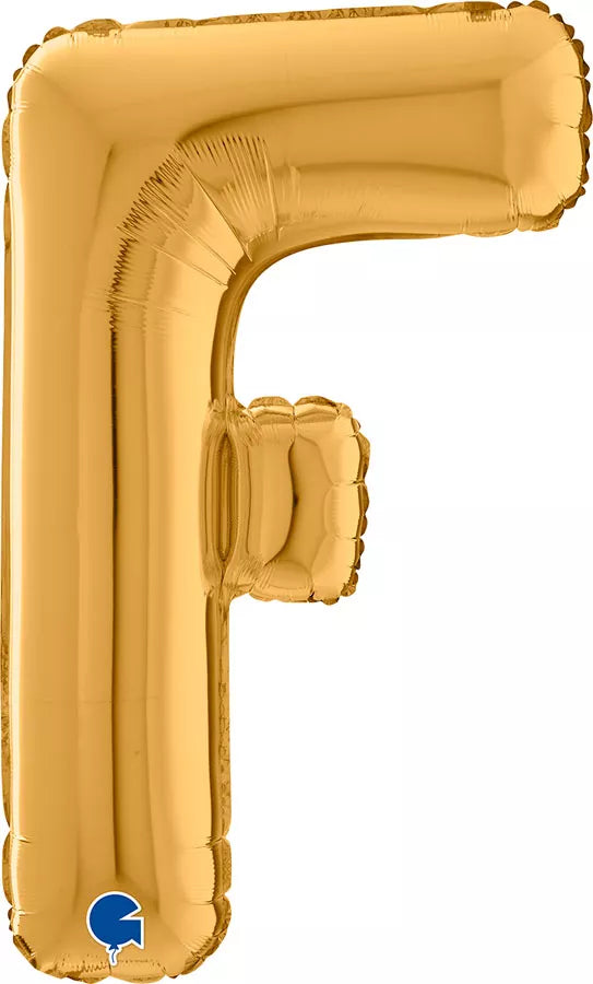Gold Grabo foil balloon in the shape of the letter F, 26 inches tall, shiny metallic finish perfect for celebrations.