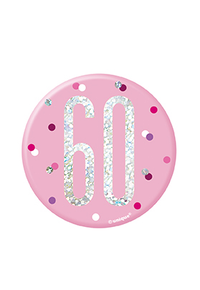Pink Glitz Age 60 badge by Unique, 3-inch decorative badge celebrating a 60th birthday with sparkle and vibrant pink design.