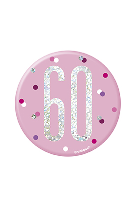Pink Glitz Age 60 badge by Unique, 3-inch decorative badge celebrating a 60th birthday with sparkle and vibrant pink design.