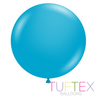 Tuftex Standard Turquoise 36-inch latex balloons, decorated with shiny surface, arranged in a 10-pack for celebration decor.