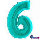 Grabo Tiffany blue foil balloon shaped as the number 6, 40 inches tall, with a shiny metallic finish for celebration decorations.