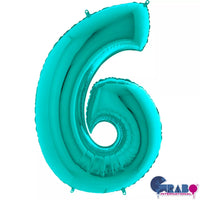 Grabo Tiffany blue foil balloon shaped as the number 6, 40 inches tall, with a shiny metallic finish for celebration decorations.