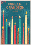 Simon Elvin C50 birthday greeting cards set for great-grandson featuring colorful designs and festive messages, six-pack collection.