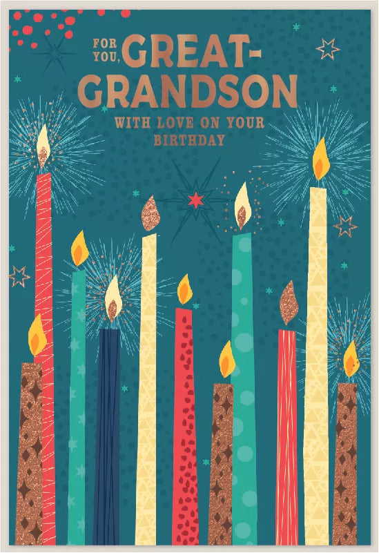 Simon Elvin C50 birthday greeting cards set for great-grandson featuring colorful designs and festive messages, six-pack collection.