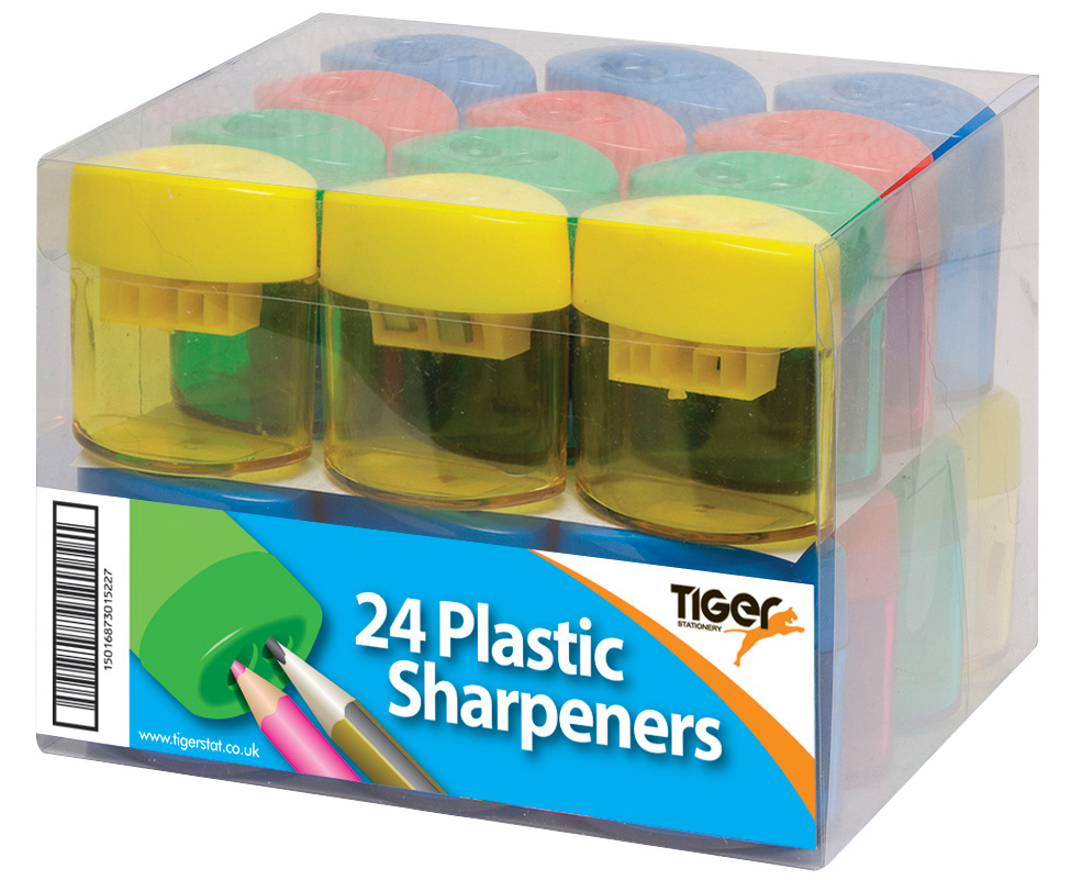Tiger Stationery 24-pack pencil sharpener drum with multiple sharpeners for pencils, featuring a compact and functional design.