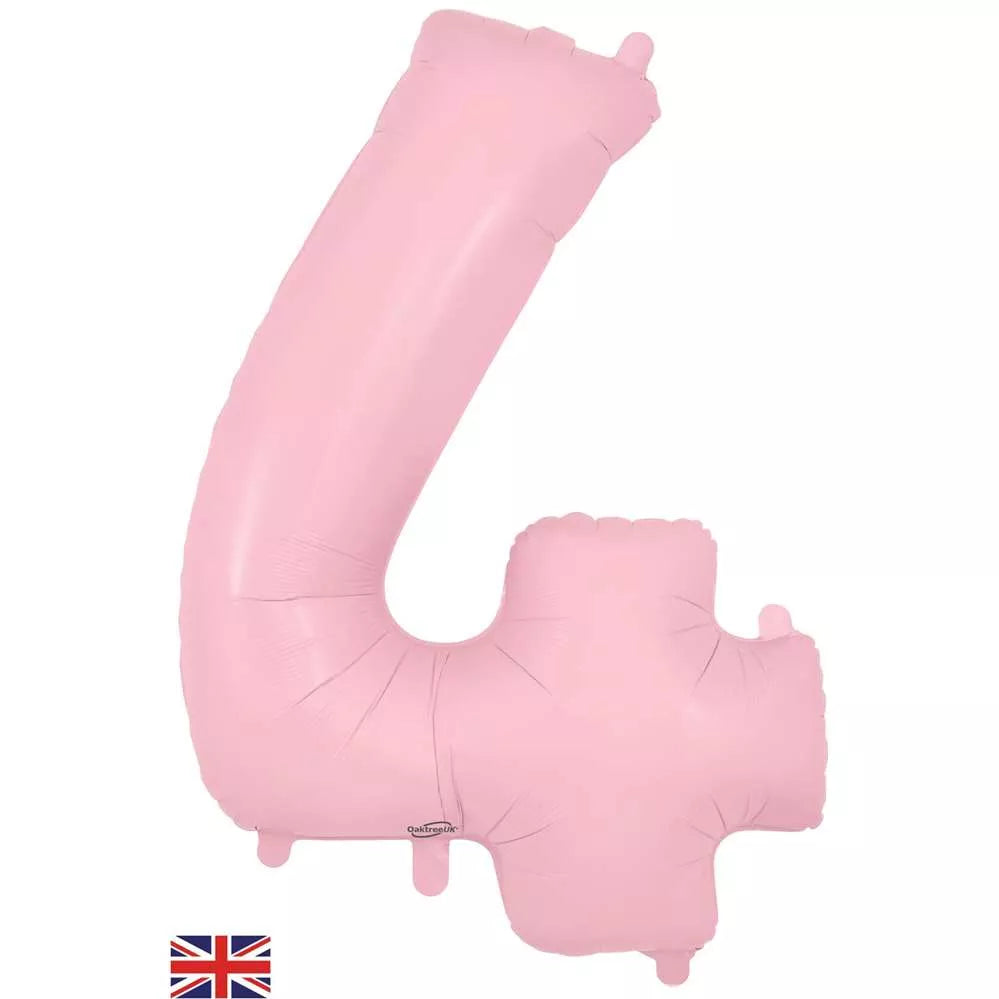 Oaktree matte pink foil balloon shaped as the number 4, measuring 34 inches, perfect for celebrations and parties.