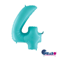 Pastel blue Grabo foil balloon shaped as the number 4, measuring 26 inches, floating against a plain background.