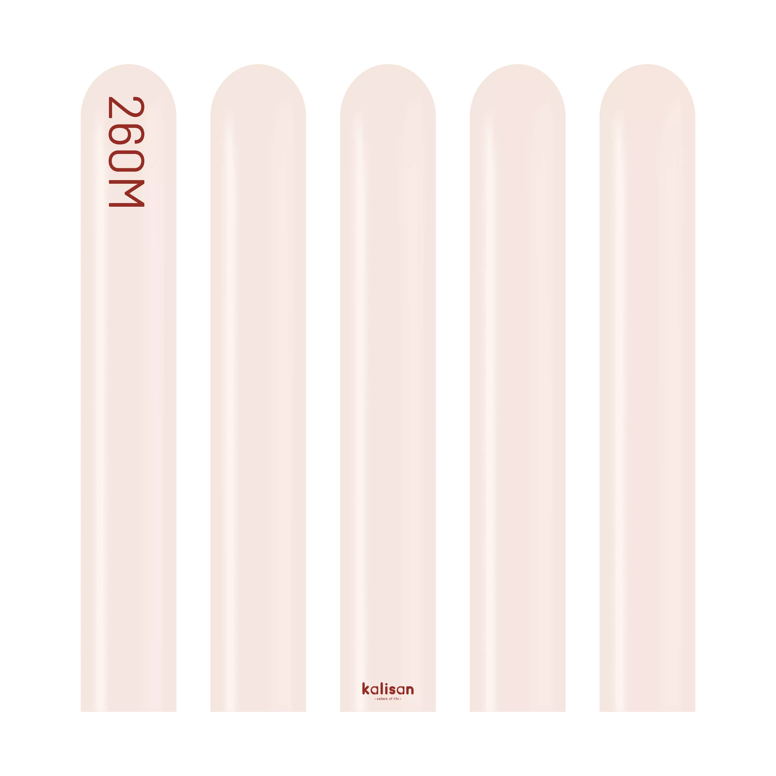 Kalisan 260 Nozzle Up Pink Blush latex modeling balloons, 50-pack, shown in a close-up image of the pink blush-colored latex balloons.