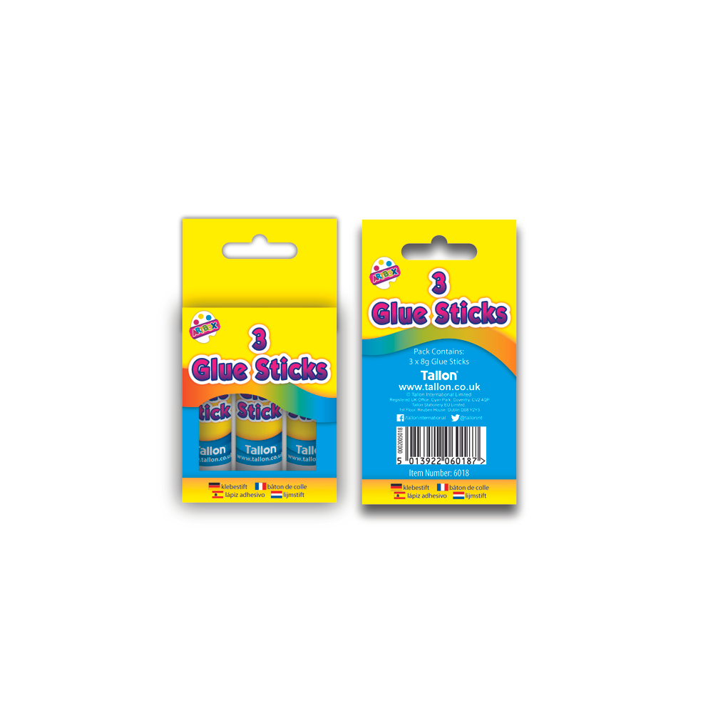 Tallon 3-pack of 8g glue sticks, cylindrical glue applicators for arts and crafts, in a clear plastic packaging.