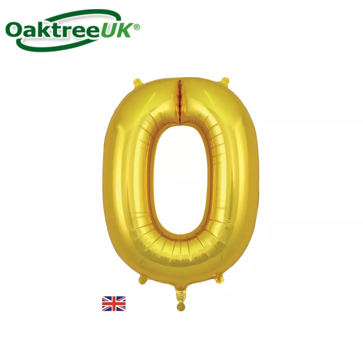 Gold Oaktree foil balloon shaped as the number zero, measuring 34 inches, with shiny metallic surface and clear number design.