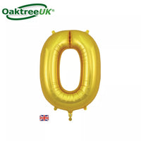 Gold Oaktree foil balloon shaped as the number zero, measuring 34 inches, with shiny metallic surface and clear number design.
