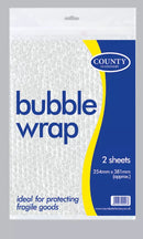 Two County Stationery bubble wrap sheets, 25cm x 38cm, with air-filled bubbles for cushioning and packaging protection.