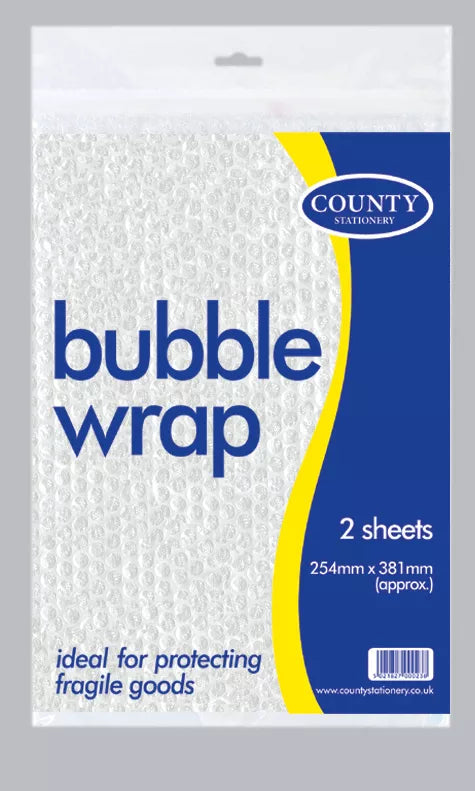 Two County Stationery bubble wrap sheets, 25cm x 38cm, with air-filled bubbles for cushioning and packaging protection.