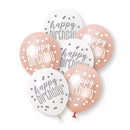 Set of six Unique Glitz Birthday Rose Gold 12-inch printed latex balloons, shiny and festive for celebration decorations.