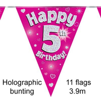Bunting 11 Flags Pink Holographic Birthday Age 5