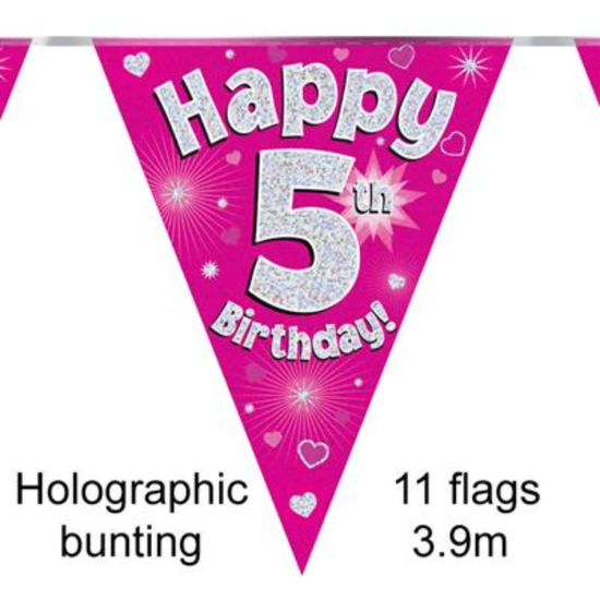 Bunting 11 Flags Pink Holographic Birthday Age 5