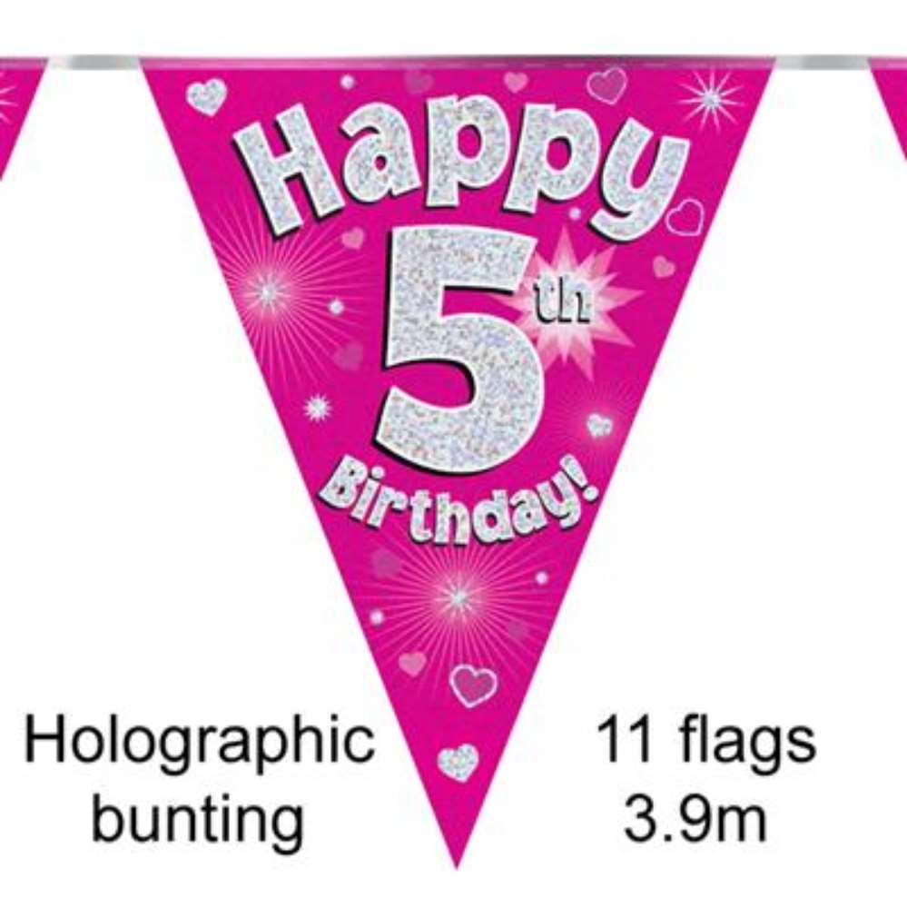 Bunting 11 Flags Pink Holographic Birthday Age 5
