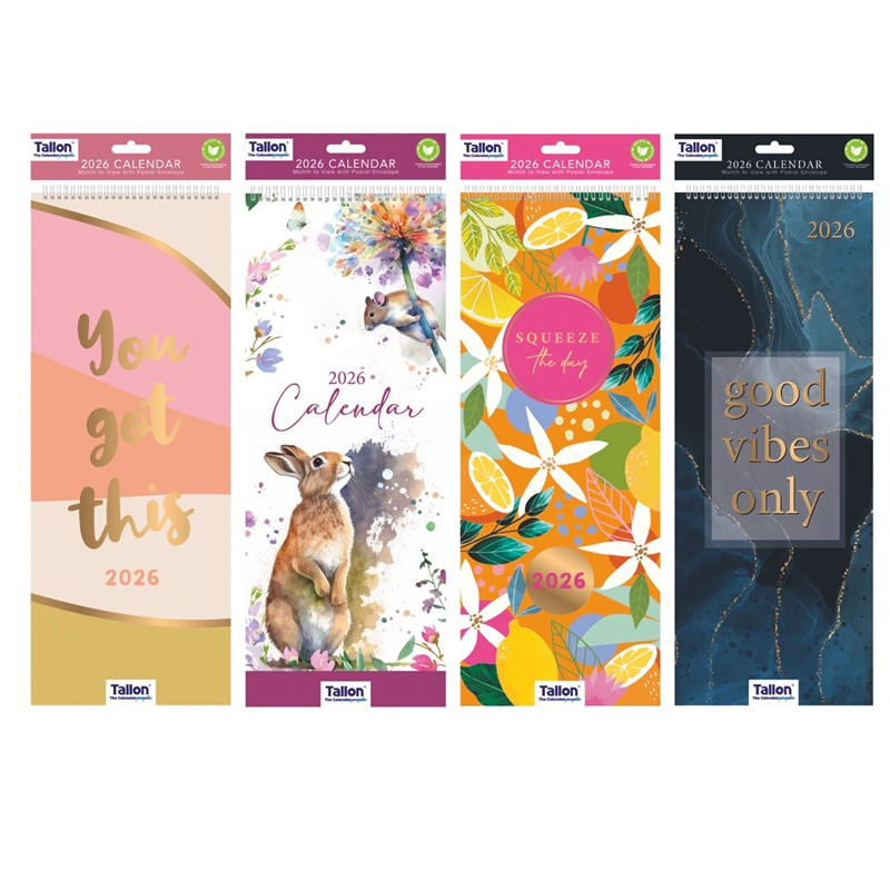 Tallon 24-pack illustrated super slim calendar set featuring colorful, detailed monthly designs on a sleek, compact format.