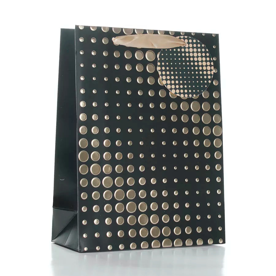 Medium black gift bags with gold spots by Tulip, set of six, featuring a stylish and elegant design for special occasions.