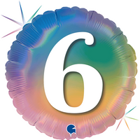 Colorful 18-inch rainbow holographic foil balloon celebrating a 6th birthday, designed by Grabo, with shiny reflective surface.