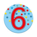 Six small Tiger Feet birthday badges with the number 6 for age celebrations, featuring colorful designs and playful graphics.