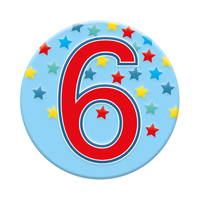 Six small Tiger Feet birthday badges with the number 6 for age celebrations, featuring colorful designs and playful graphics.