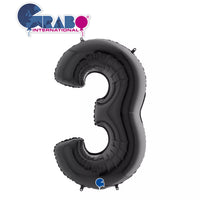 Black 40-inch Grabo foil balloon shaped as the number 3, shiny metallic finish, perfect for celebration decorations.