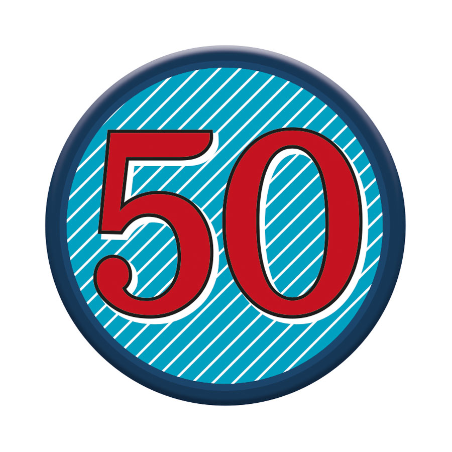 Six small birthday badges with the number 50, featuring colorful designs, from Tiger Feet. Perfect for celebrating a 50th birthday.