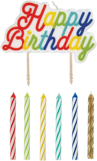 Set of 12 Unique party candles with colorful "Happy Birthday" designs, perfect for birthday celebrations and cake decorating.