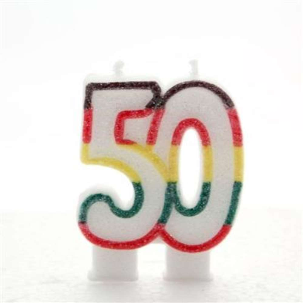 APAC 6-pack multicolored glitter party candles with "50" age design, ideal for birthday celebrations, arranged on a white surface.
