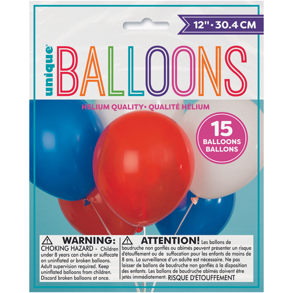 Unique Red, White & Blue 12" Latex Balloons 15pk