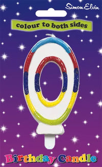 Simon Elvin multicolour number 0 candle with glitter for parties, featuring a tall, vibrant numeral candle on a white background.