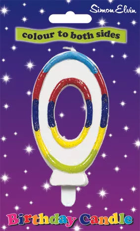 Simon Elvin multicolour number 0 candle with glitter for parties, featuring a tall, vibrant numeral candle on a white background.