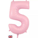 Oaktree matte pink foil balloon in the shape of the number 5, 34 inches tall, with a shiny, smooth surface and decorative edges.