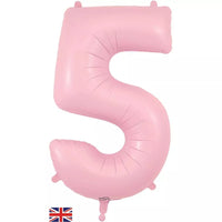 Oaktree matte pink foil balloon in the shape of the number 5, 34 inches tall, with a shiny, smooth surface and decorative edges.