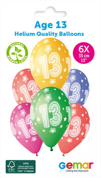 Gemar Cosmic Stars 13-inch latex printed balloons in a 6-pack, featuring colorful star designs for celebrations and parties.